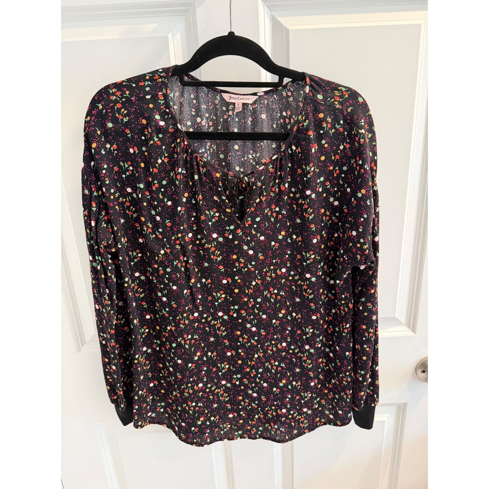 Juicy Couture Floral Dot Print Long Sleeve Blouse Black MultiColor Small Women S